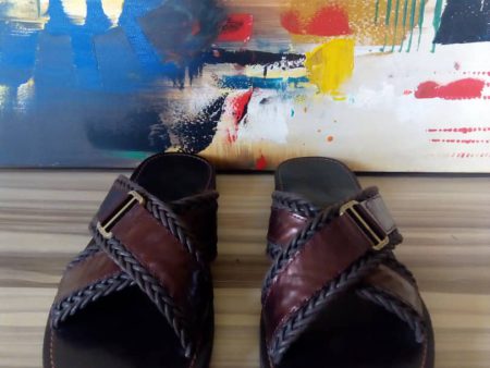 Coffee Brown Interwoven leather slippers.