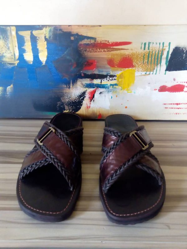 Coffee Brown Interwoven leather slippers.